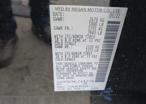 2022 Nissan Pathfinder S 4Wd from USA, damaged, VIN 5N1DR3AC5NC244276